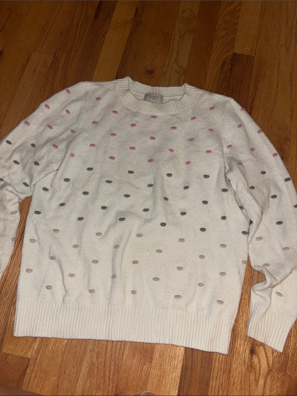 LOFT Cream Crewneck Sweater with Pink, Gray, and Tan Dots